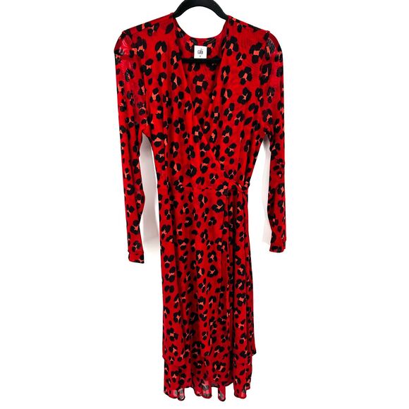CABI Siren Red Black Leopard Print Sheer Sleeve Midi Wrap Dress Size Medium - Picture 2 of 8